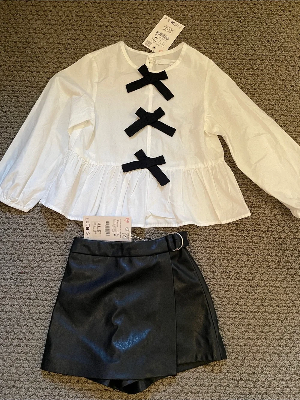 Zara Kids Bow Appliqué top & Faux Leather Skort